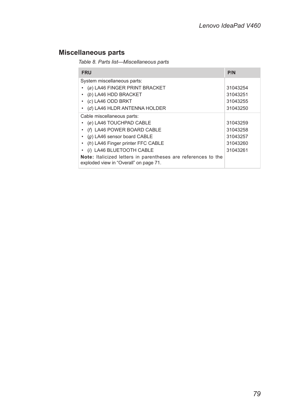 Miscellaneous parts, Lenovo ideapad v460 | Lenovo IdeaPad V460 User Manual | Page 83 / 88