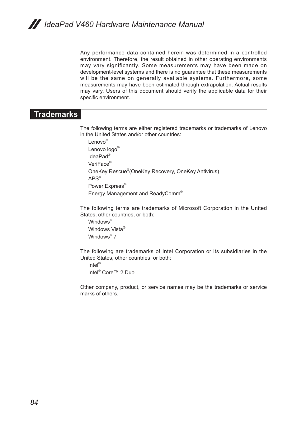 Trademarks, Ideapad v460 hardware maintenance manual | Lenovo IdeaPad V460 User Manual | Page 88 / 88