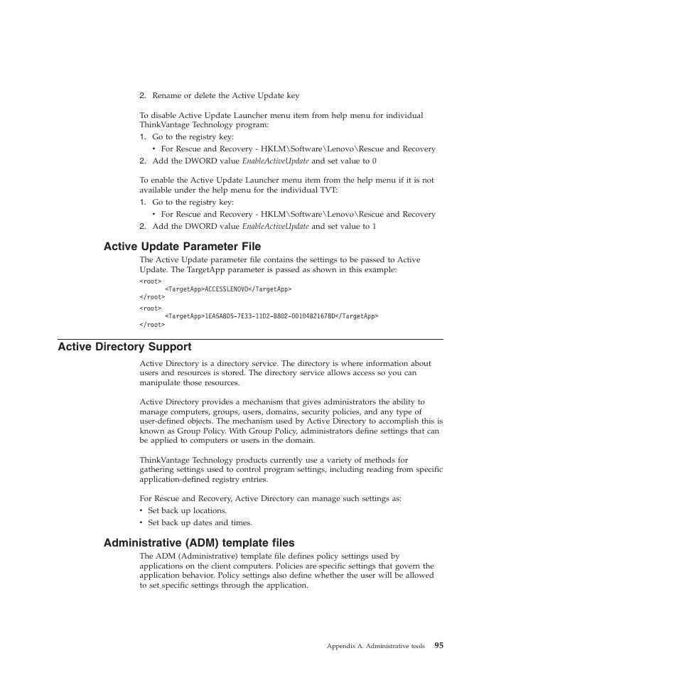 Active update parameter file, Active directory support, Administrative (adm) template files | Lenovo ThinkPad R61i User Manual | Page 103 / 156