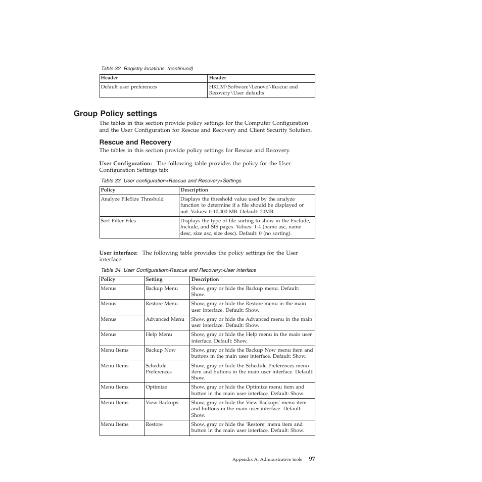 Group policy settings, Rescue and recovery | Lenovo ThinkPad R61i User Manual | Page 105 / 156