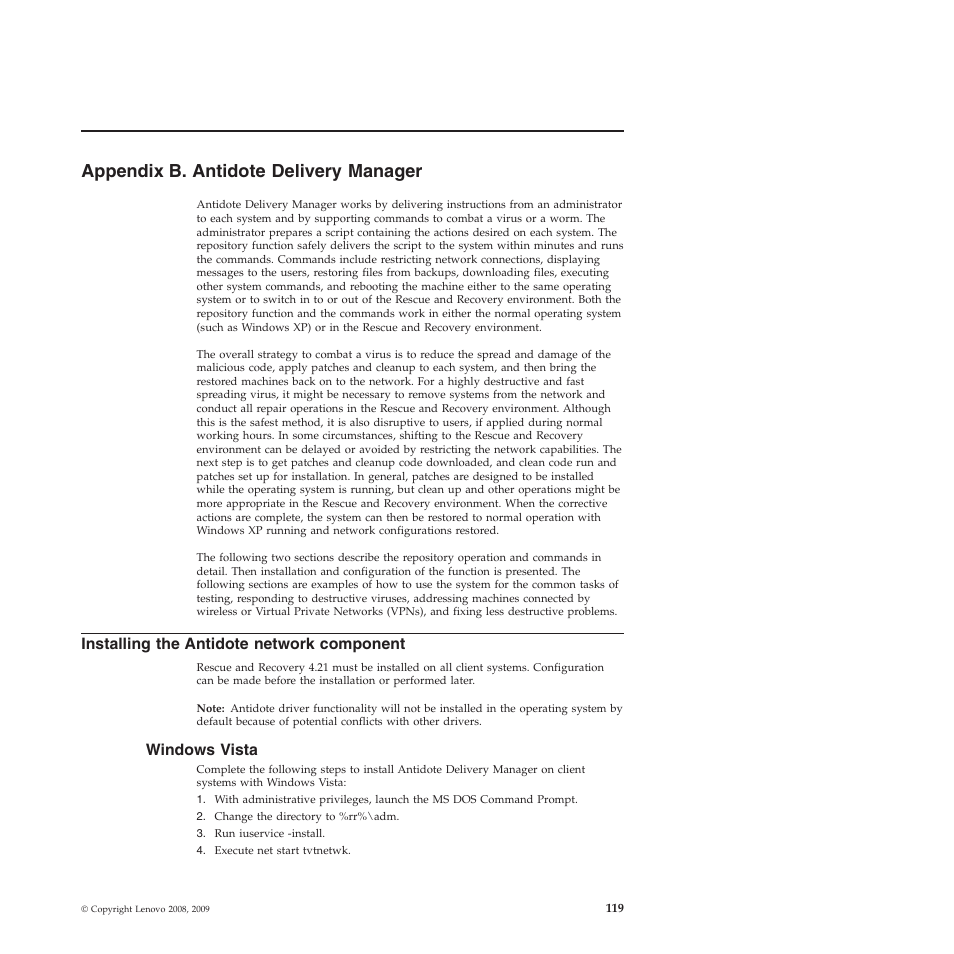 Appendix b. antidote delivery manager, Installing the antidote network component, Windows vista | Lenovo ThinkPad R61i User Manual | Page 127 / 156