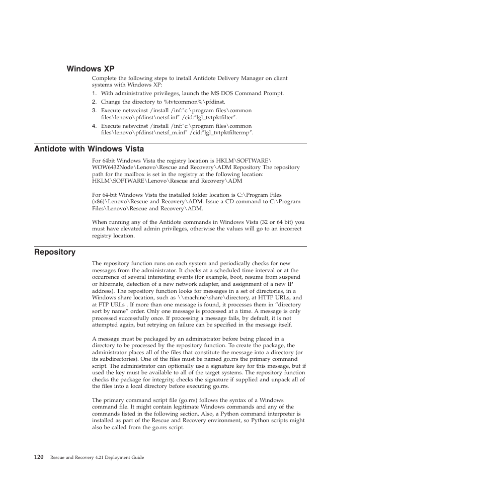 Windows xp, Antidote with windows vista, Repository | Lenovo ThinkPad R61i User Manual | Page 128 / 156