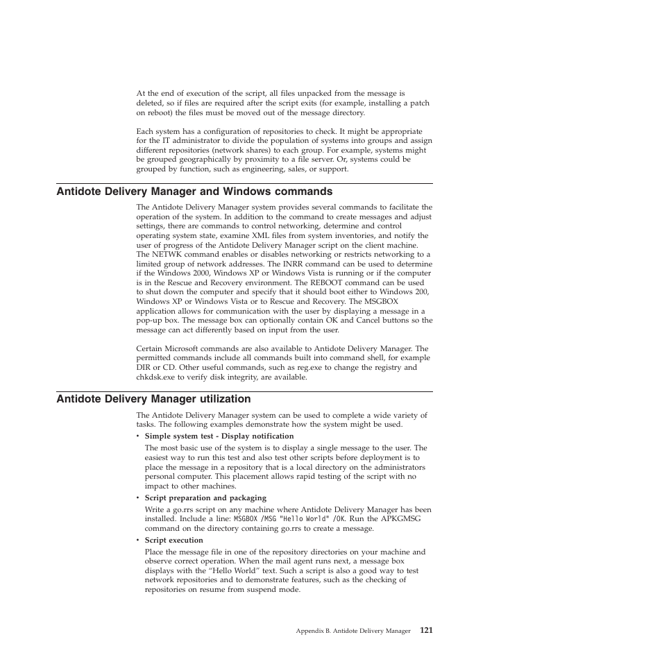 Antidote delivery manager and windows commands, Antidote delivery manager utilization | Lenovo ThinkPad R61i User Manual | Page 129 / 156