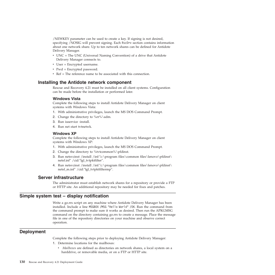 Installing the antidote network component, Windows vista, Windows xp | Server infrastructure, Simple system test – display notification, Deployment | Lenovo ThinkPad R61i User Manual | Page 138 / 156