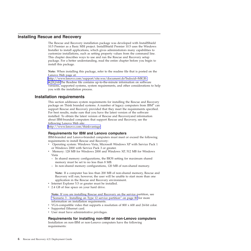 Installing rescue and recovery, Installation requirements, Requirements for ibm and lenovo computers | Lenovo ThinkPad R61i User Manual | Page 14 / 156