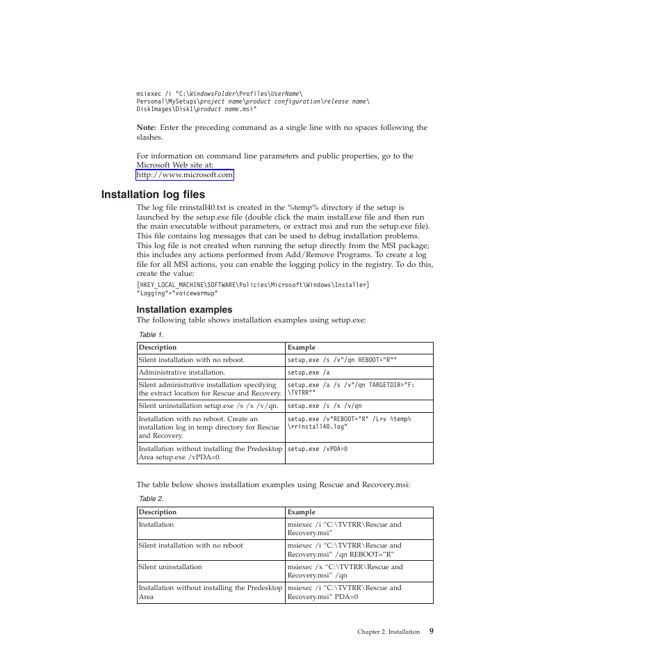 Installation log files, Installation examples | Lenovo ThinkPad R61i User Manual | Page 17 / 156