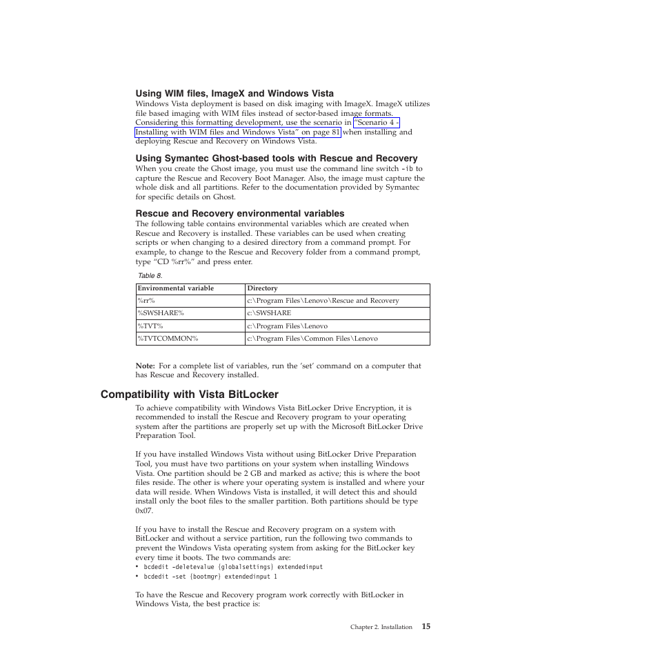 Using wim files, imagex and windows vista, Rescue and recovery environmental variables, Compatibility with vista bitlocker | Lenovo ThinkPad R61i User Manual | Page 23 / 156