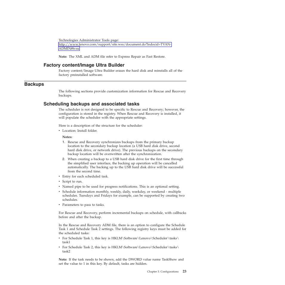 Factory content/image ultra builder, Backups, Scheduling backups and associated tasks | Lenovo ThinkPad R61i User Manual | Page 31 / 156