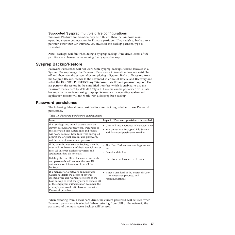 Supported sysprep multiple drive configurations, Sysprep backup/restore, Password persistence | Lenovo ThinkPad R61i User Manual | Page 35 / 156