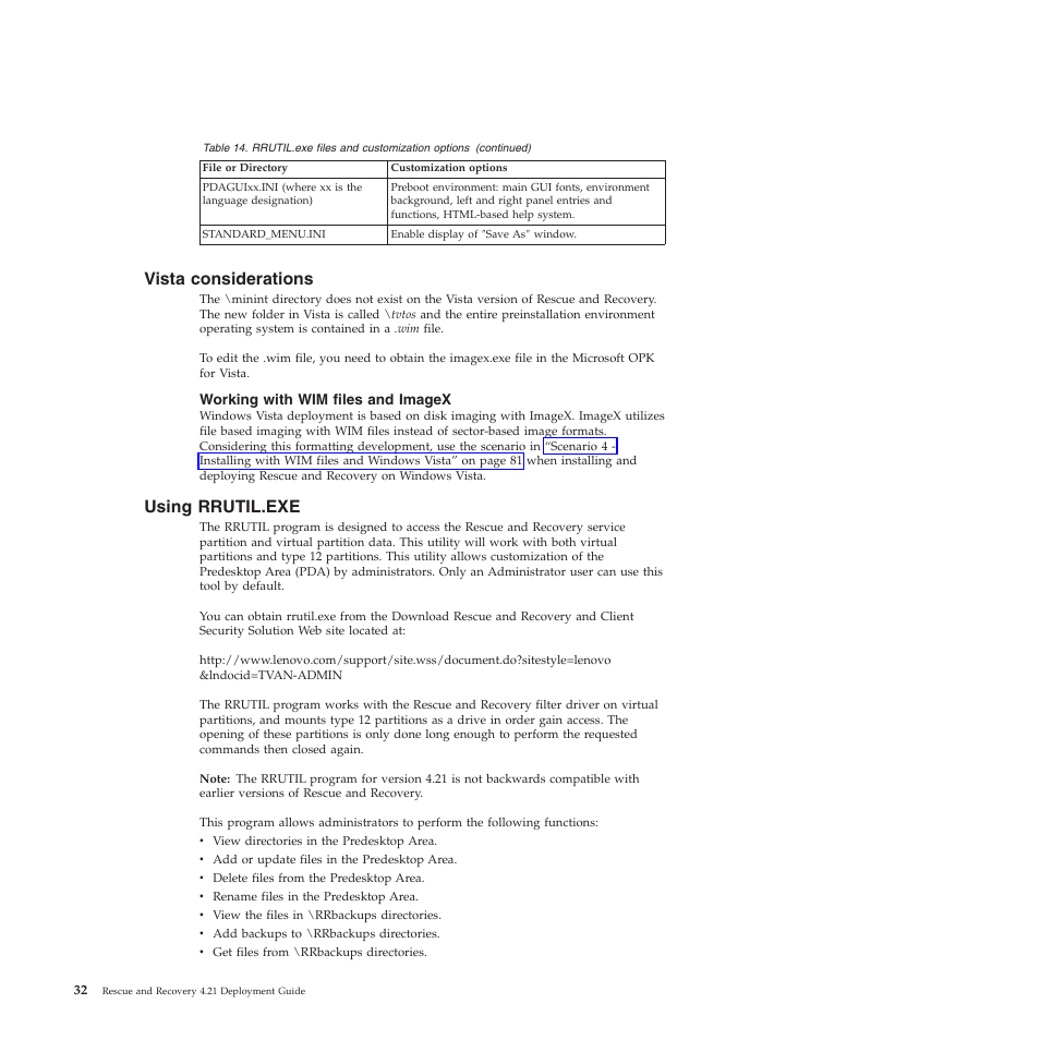 Vista considerations, Working with wim files and imagex, Using rrutil.exe | Lenovo ThinkPad R61i User Manual | Page 40 / 156