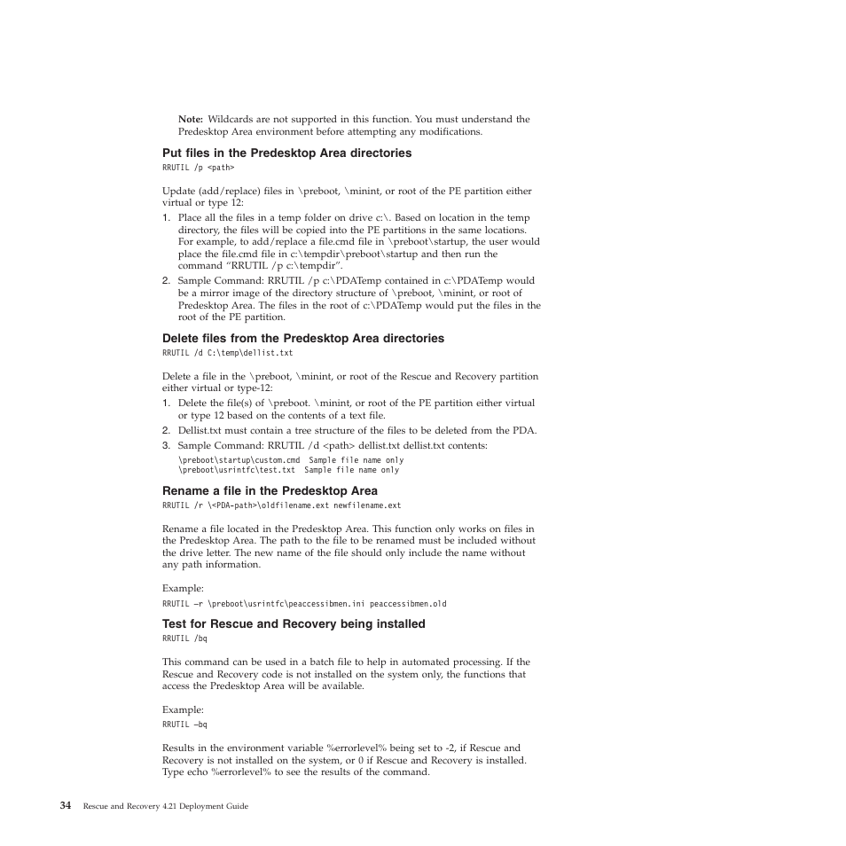 Put files in the predesktop area directories, Delete files from the predesktop area directories, Rename a file in the predesktop area | Test for rescue and recovery being installed | Lenovo ThinkPad R61i User Manual | Page 42 / 156