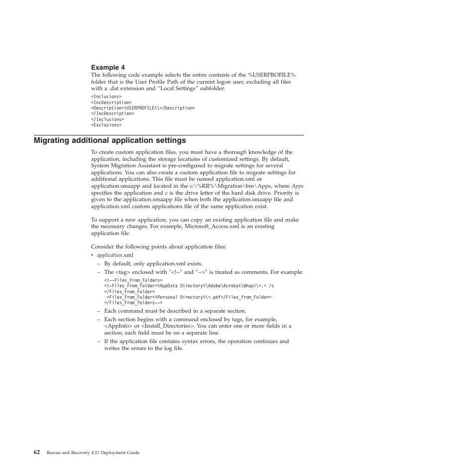 Example 4, Migrating additional application settings | Lenovo ThinkPad R61i User Manual | Page 70 / 156