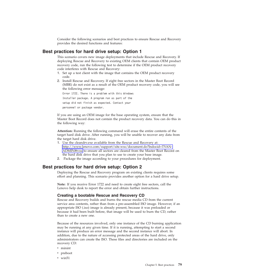 Best practices for hard drive setup: option 1, Best practices for hard drive setup: option 2, Creating a bootable rescue and recovery cd | Lenovo ThinkPad R61i User Manual | Page 87 / 156