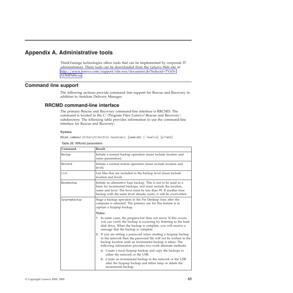 Appendix a. administrative tools, Command line support, Rrcmd command-line interface | Lenovo ThinkPad R61i User Manual | Page 93 / 156