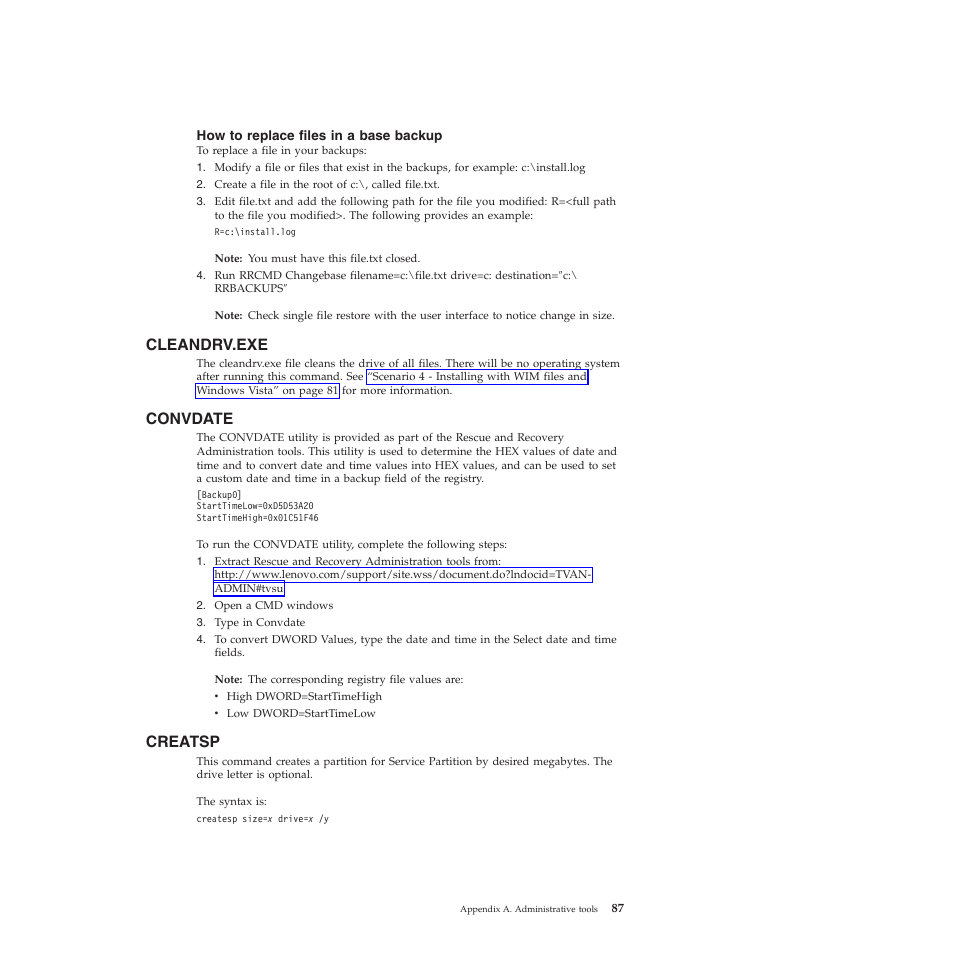 How to replace files in a base backup, Cleandrv.exe, Convdate | Creatsp | Lenovo ThinkPad R61i User Manual | Page 95 / 156