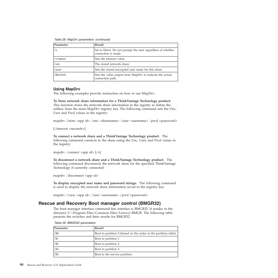 Using mapdrv, Rescue and recovery boot manager control (bmgr32) | Lenovo ThinkPad R61i User Manual | Page 98 / 156