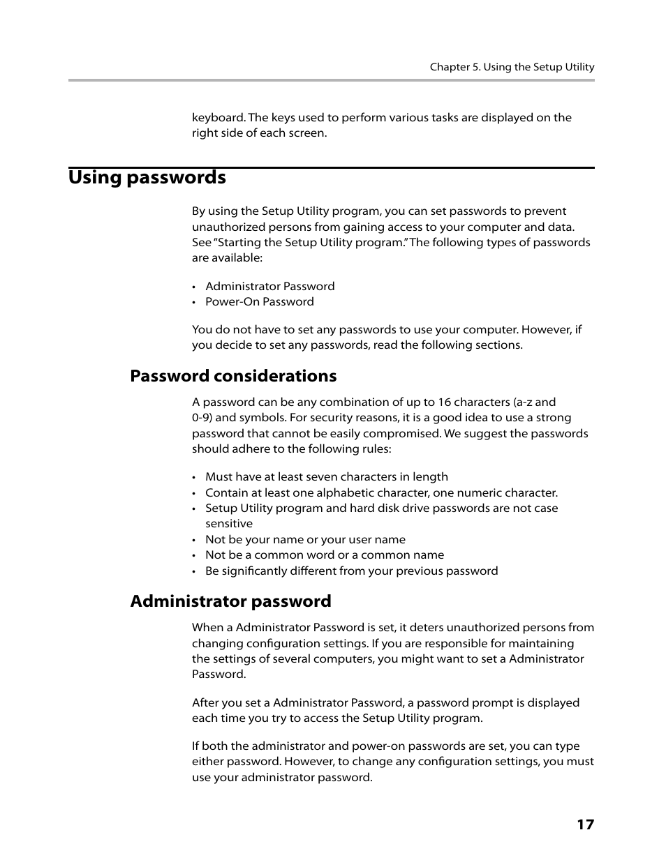 Using passwords, Password considerations, Administrator password | Lenovo IdeaCentre K330B User Manual | Page 19 / 57