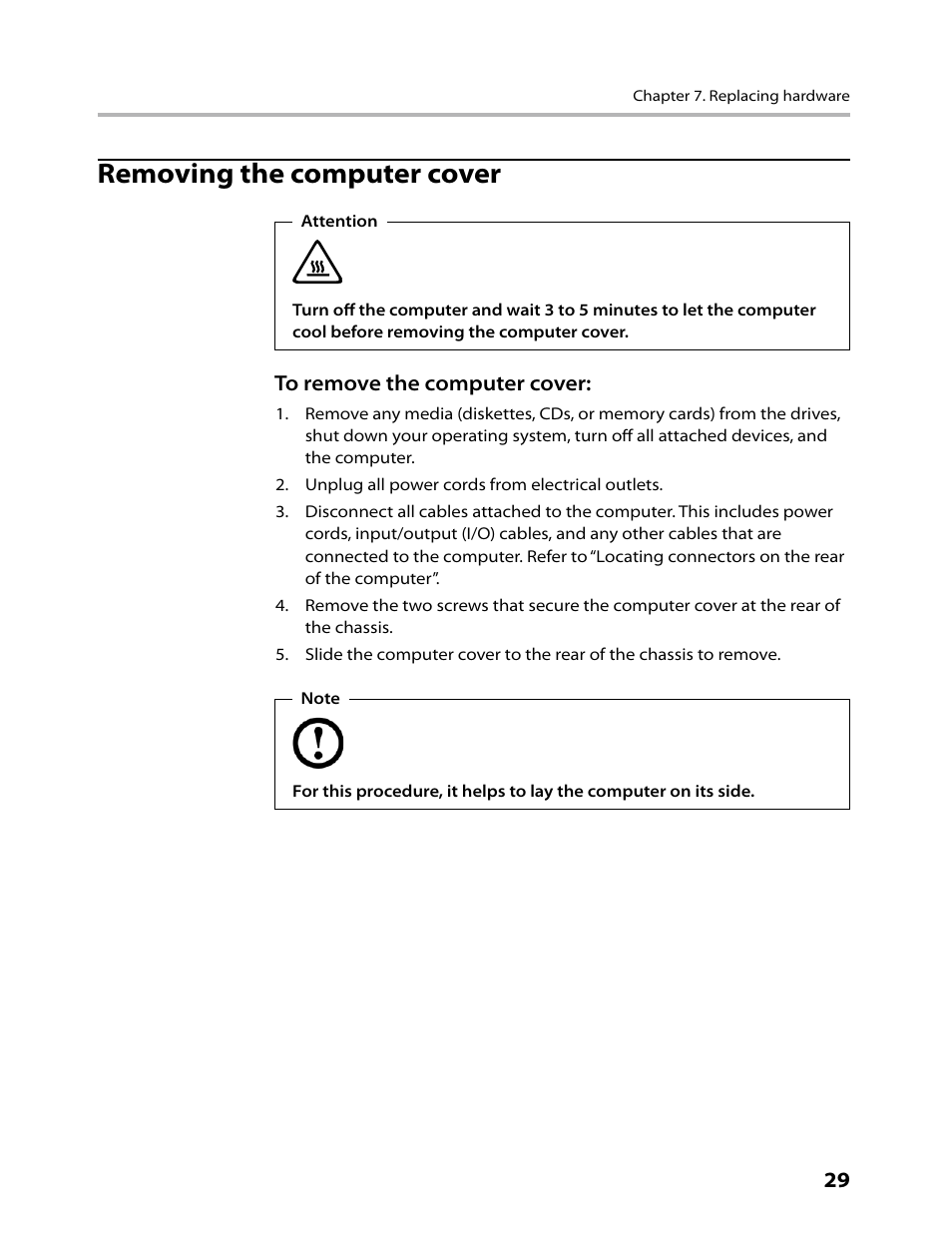 Removing the computer cover | Lenovo IdeaCentre K330B User Manual | Page 31 / 57