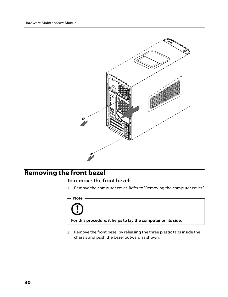 Removing the front bezel | Lenovo IdeaCentre K330B User Manual | Page 32 / 57