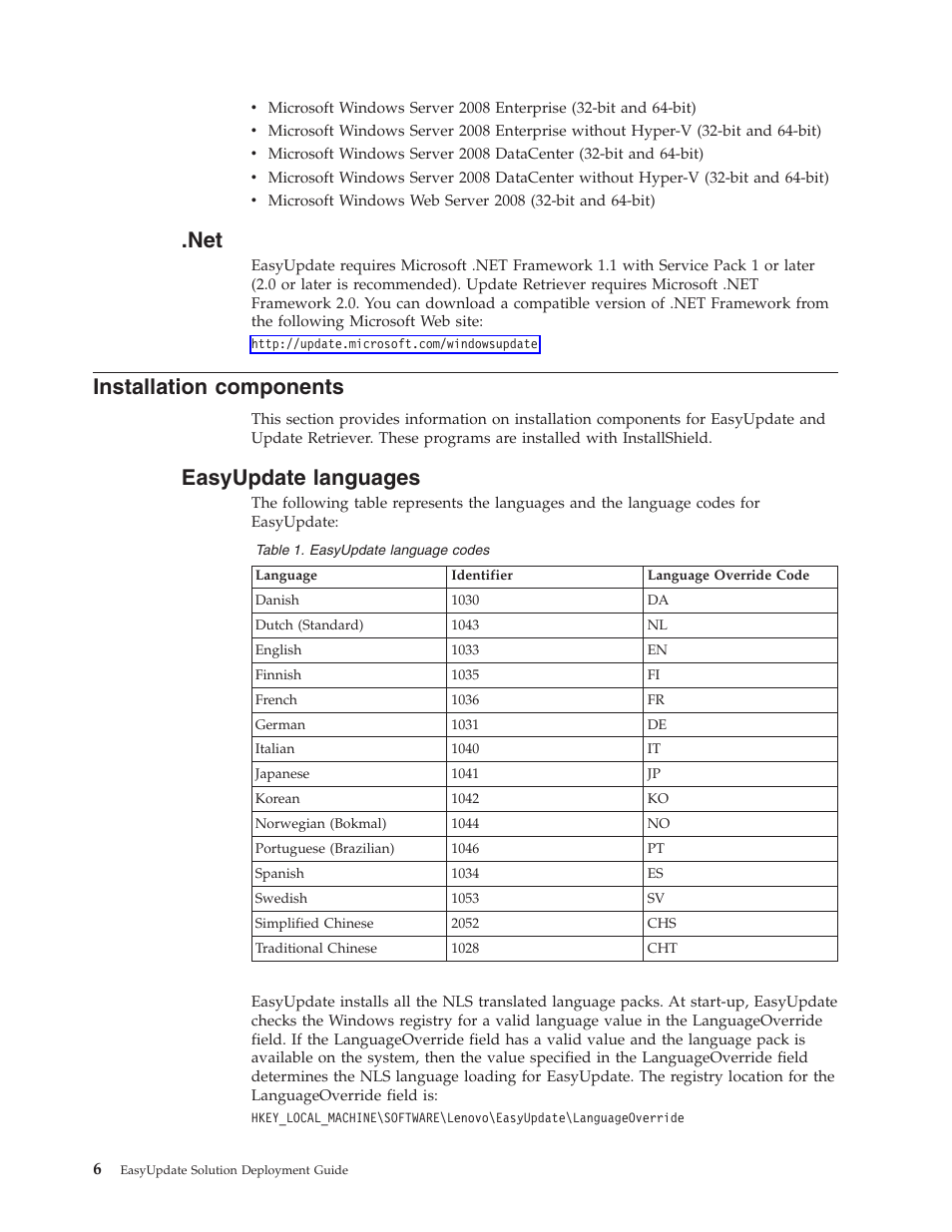 Installation components, Easyupdate languages, Installation | Components, Easyupdate, Languages | Lenovo ThinkServer RS110 User Manual | Page 12 / 84