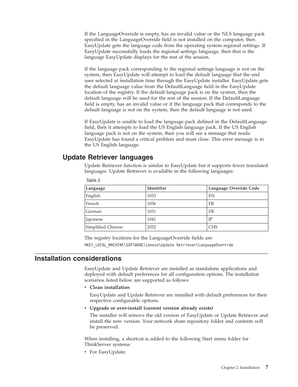 Update retriever languages, Installation considerations, Update | Retriever, Languages, Installation, Considerations | Lenovo ThinkServer RS110 User Manual | Page 13 / 84