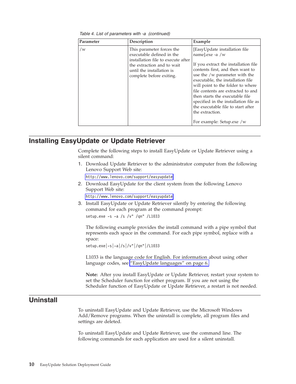 Installing easyupdate or update retriever, Uninstall, Installing | Easyupdate, Update, Retriever | Lenovo ThinkServer RS110 User Manual | Page 16 / 84
