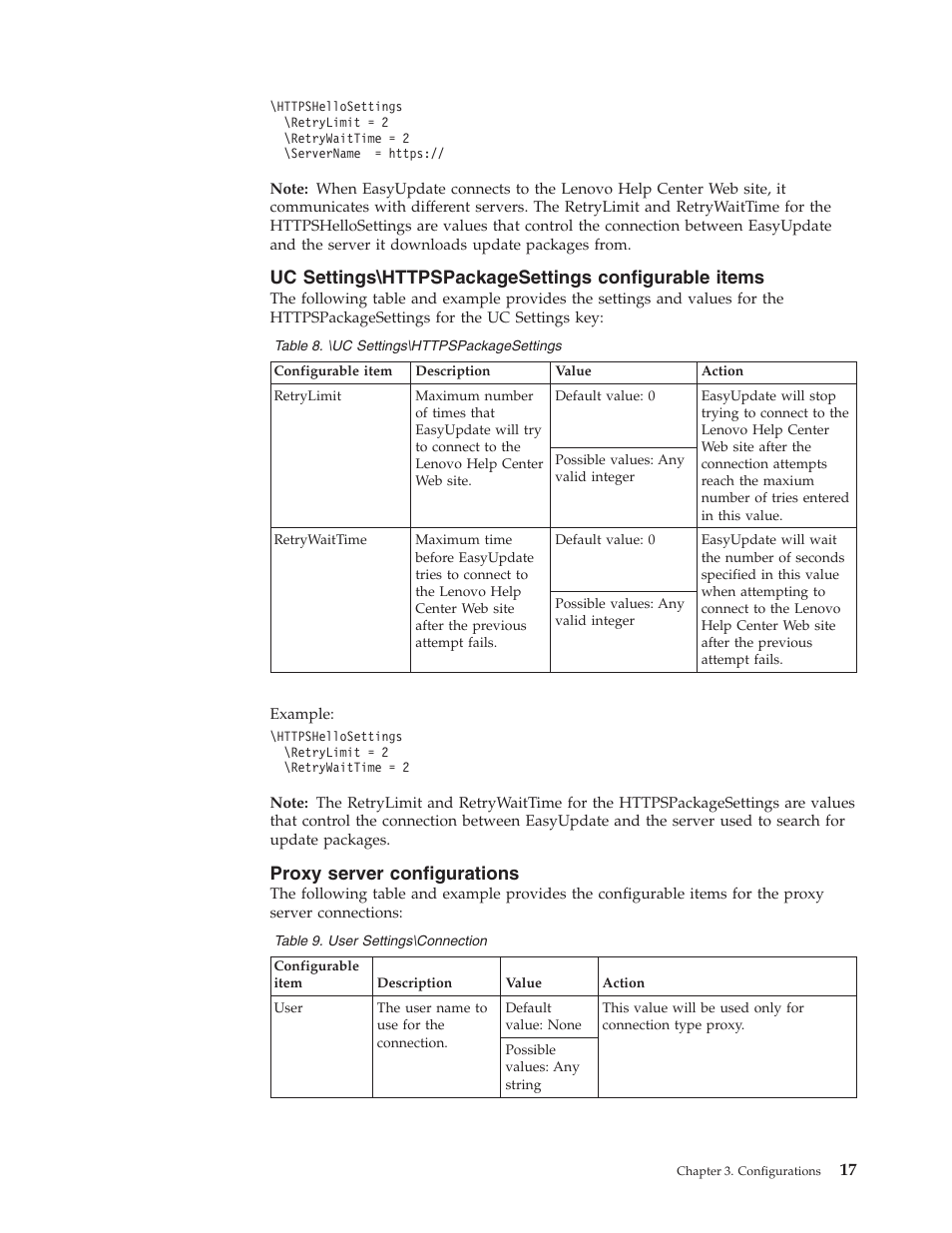 Proxy server configurations, Settings\httpspackagesettings, Configurable | Items, Proxy, Server, Configurations | Lenovo ThinkServer RS110 User Manual | Page 23 / 84