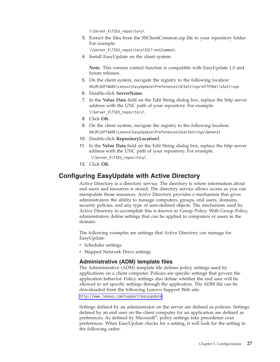 Configuring easyupdate with active directory, Administrative (adm) template files, Configuring | Easyupdate, With, Active, Directory, Administrative, Adm), Template | Lenovo ThinkServer RS110 User Manual | Page 33 / 84