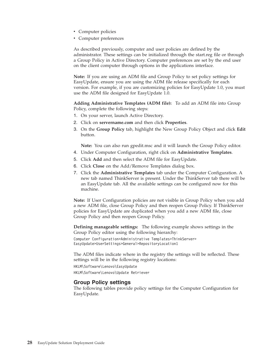 Group policy settings, Group, Policy | Settings | Lenovo ThinkServer RS110 User Manual | Page 34 / 84