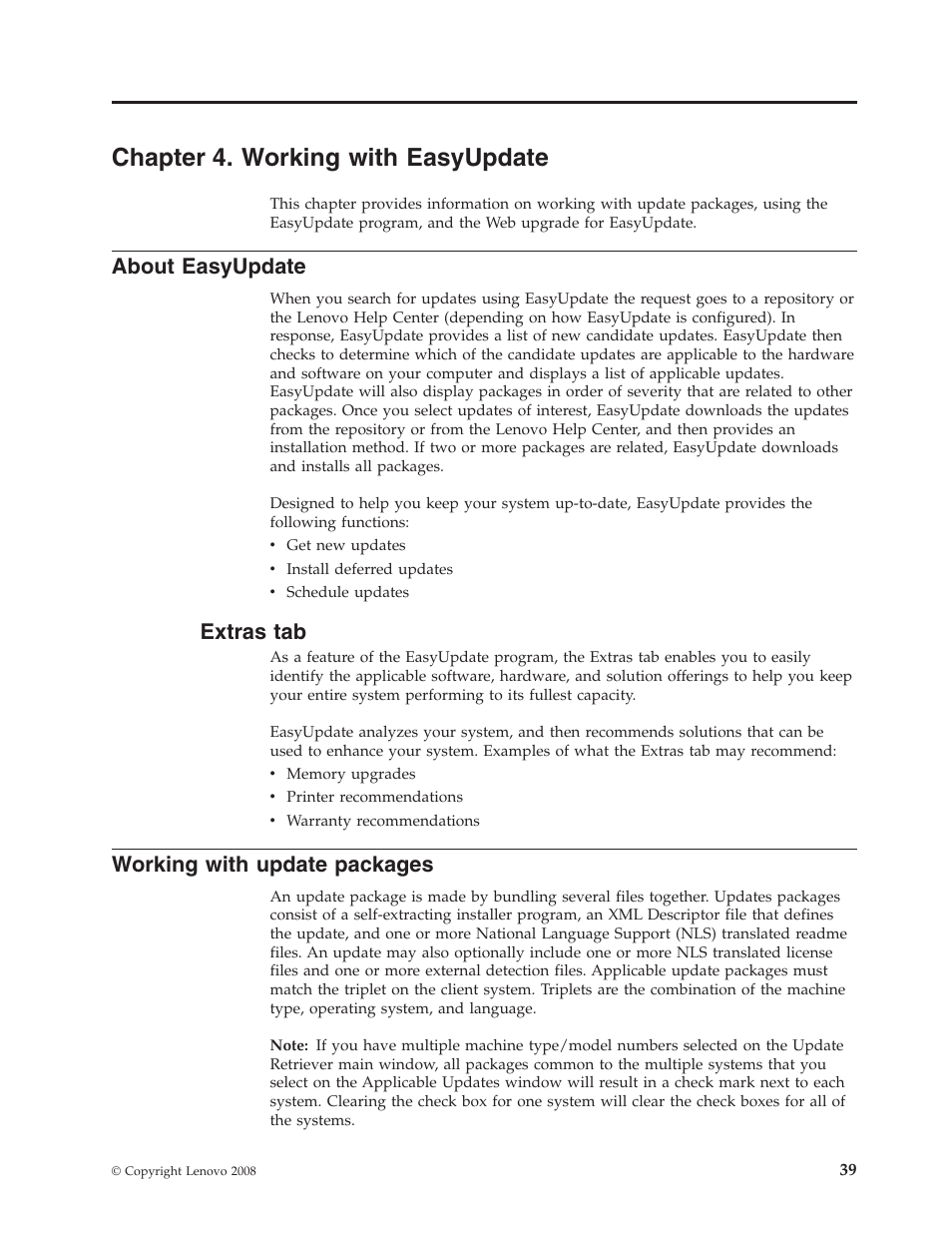 Chapter 4. working with easyupdate, About easyupdate, Extras tab | Working with update packages, Chapter, Working, With, Easyupdate, About, Extras | Lenovo ThinkServer RS110 User Manual | Page 45 / 84