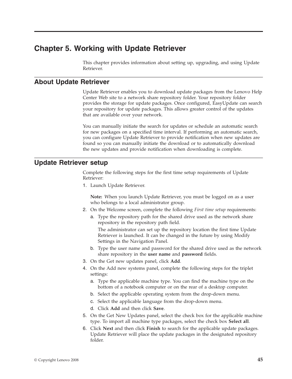 Chapter 5. working with update retriever, About update retriever, Update retriever setup | Chapter, Working, With, Update, Retriever, About, Setup | Lenovo ThinkServer RS110 User Manual | Page 51 / 84