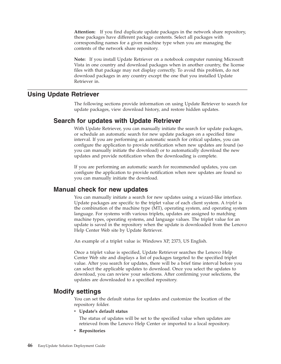 Using update retriever, Search for updates with update retriever, Manual check for new updates | Modify settings, Using, Update, Retriever, Search, Updates, With | Lenovo ThinkServer RS110 User Manual | Page 52 / 84