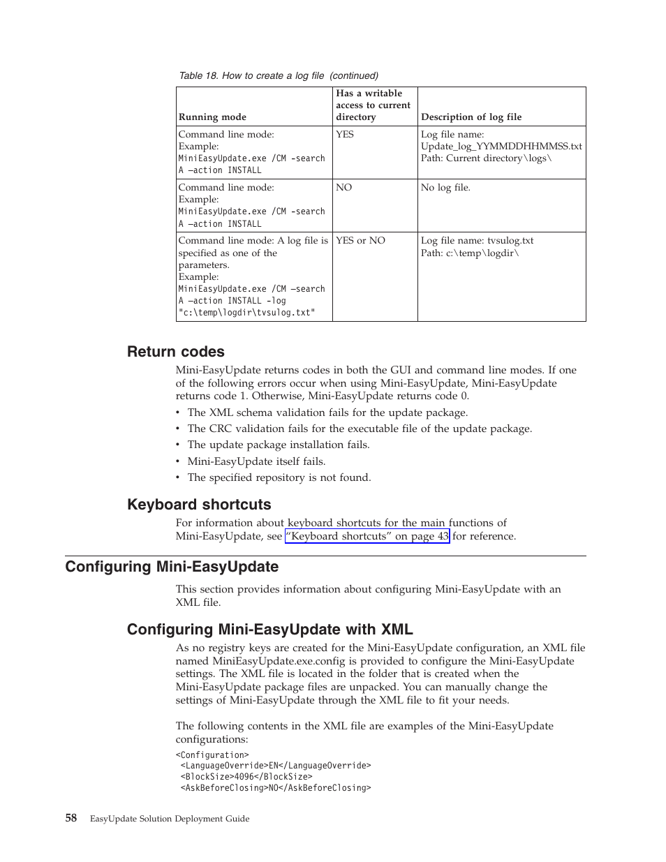 Return codes, Keyboard shortcuts, Configuring mini-easyupdate | Configuring mini-easyupdate with xml, Return, Codes, Keyboard, Shortcuts, Configuring, Mini-easyupdate | Lenovo ThinkServer RS110 User Manual | Page 64 / 84
