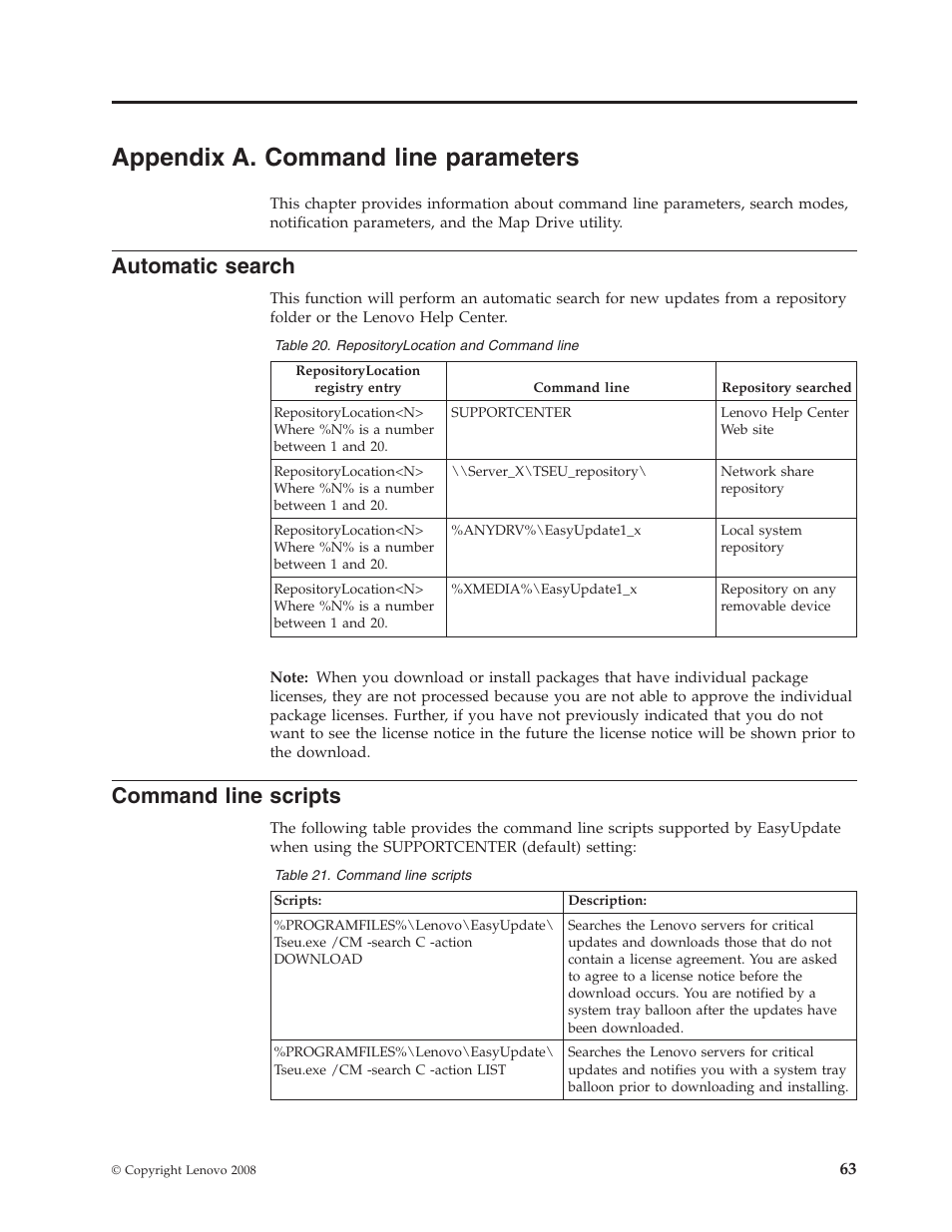 Appendix a. command line parameters, Automatic search, Command line scripts | Appendix, Command, Line, Parameters, Automatic, Search, Scripts | Lenovo ThinkServer RS110 User Manual | Page 69 / 84