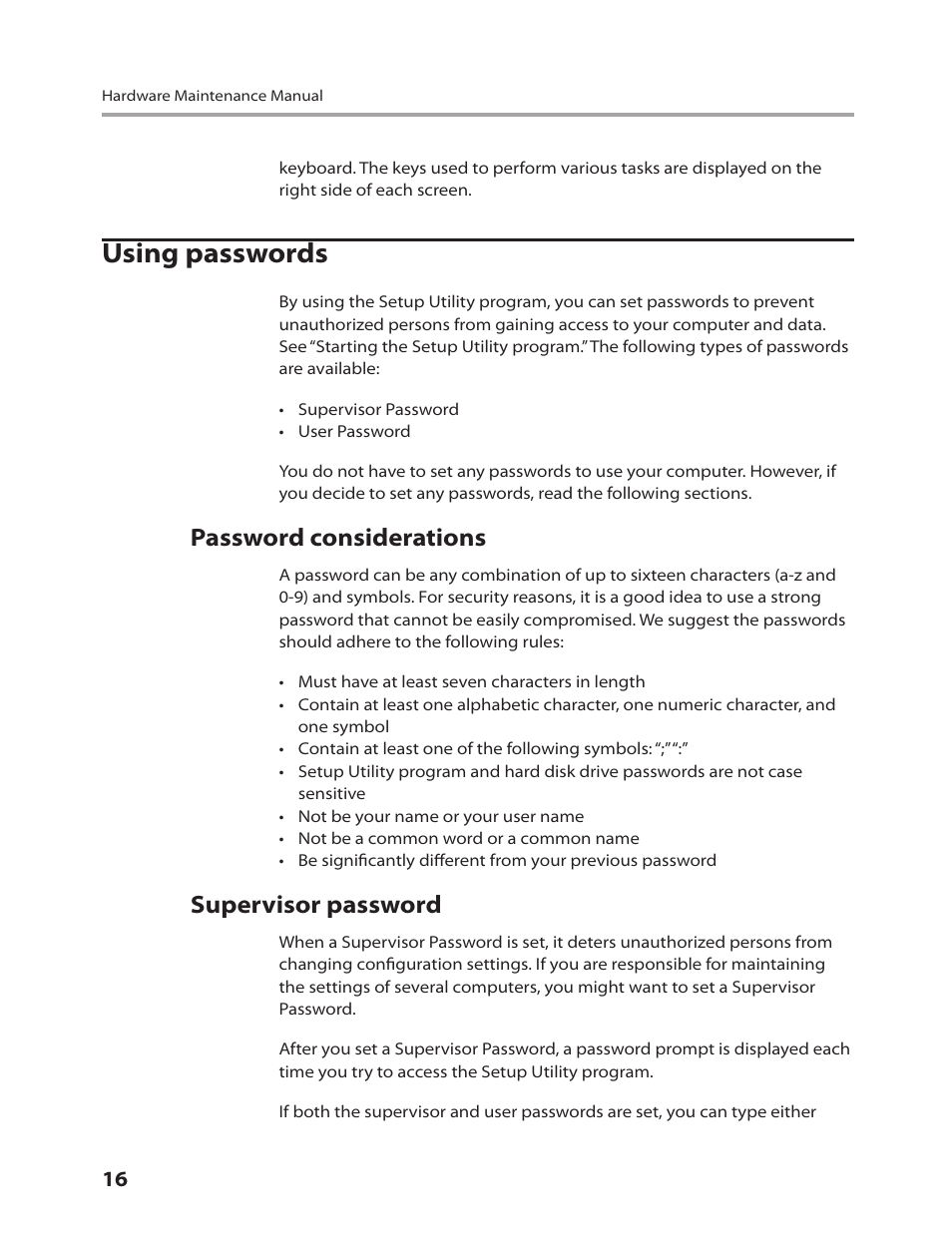 Using passwords, Password considerations, Supervisor password | Lenovo 3000 H305 Desktop User Manual | Page 18 / 56