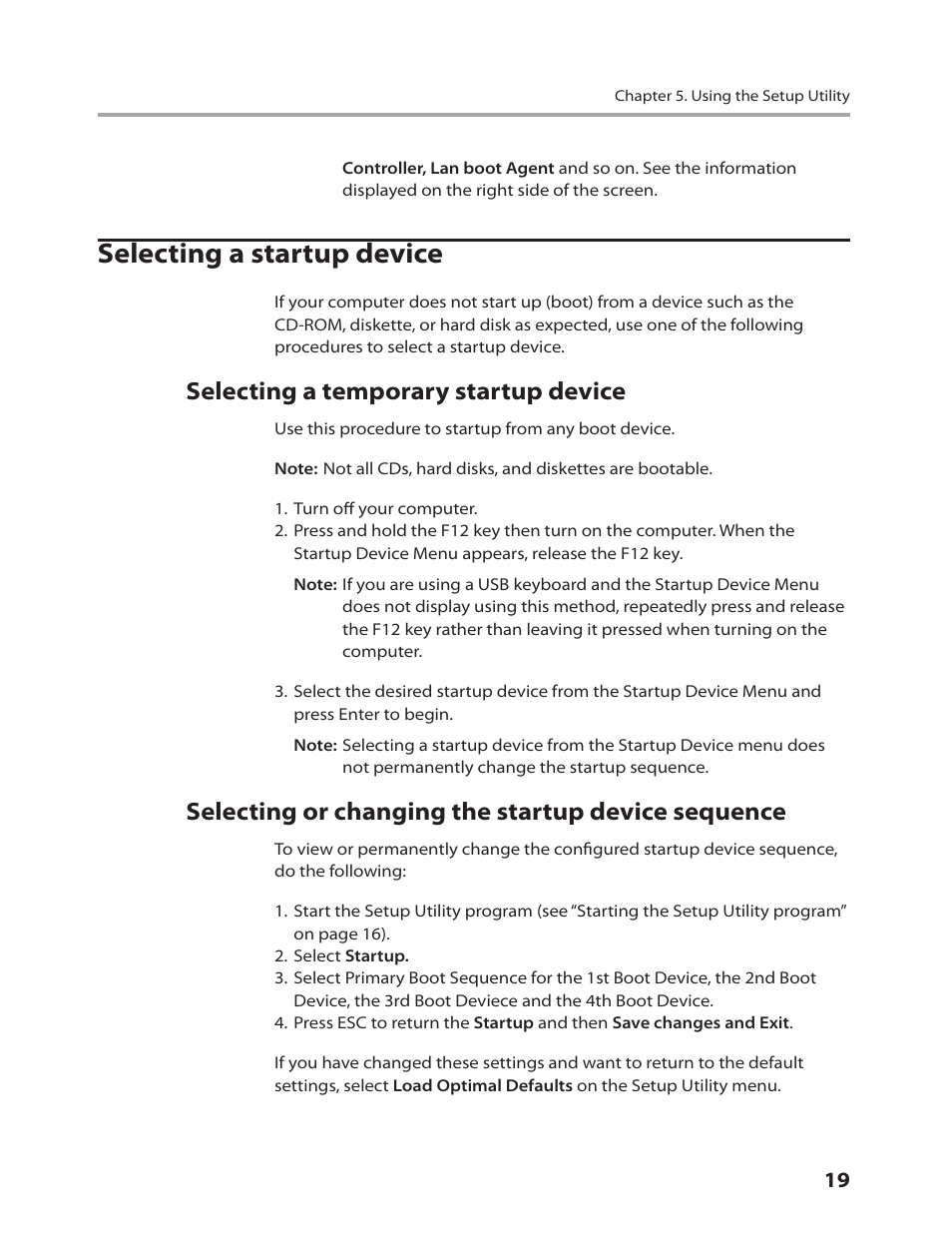 Selecting a startup device, Selecting a temporary startup device, Selecting or changing the startup device sequence | Lenovo 3000 H305 Desktop User Manual | Page 21 / 56