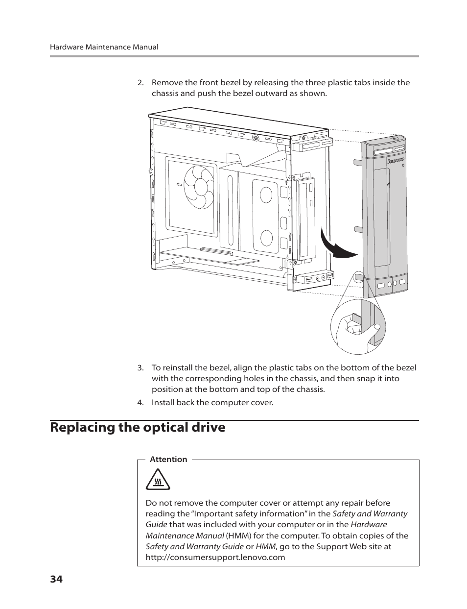 Replacing the optical drive | Lenovo 3000 H305 Desktop User Manual | Page 36 / 56
