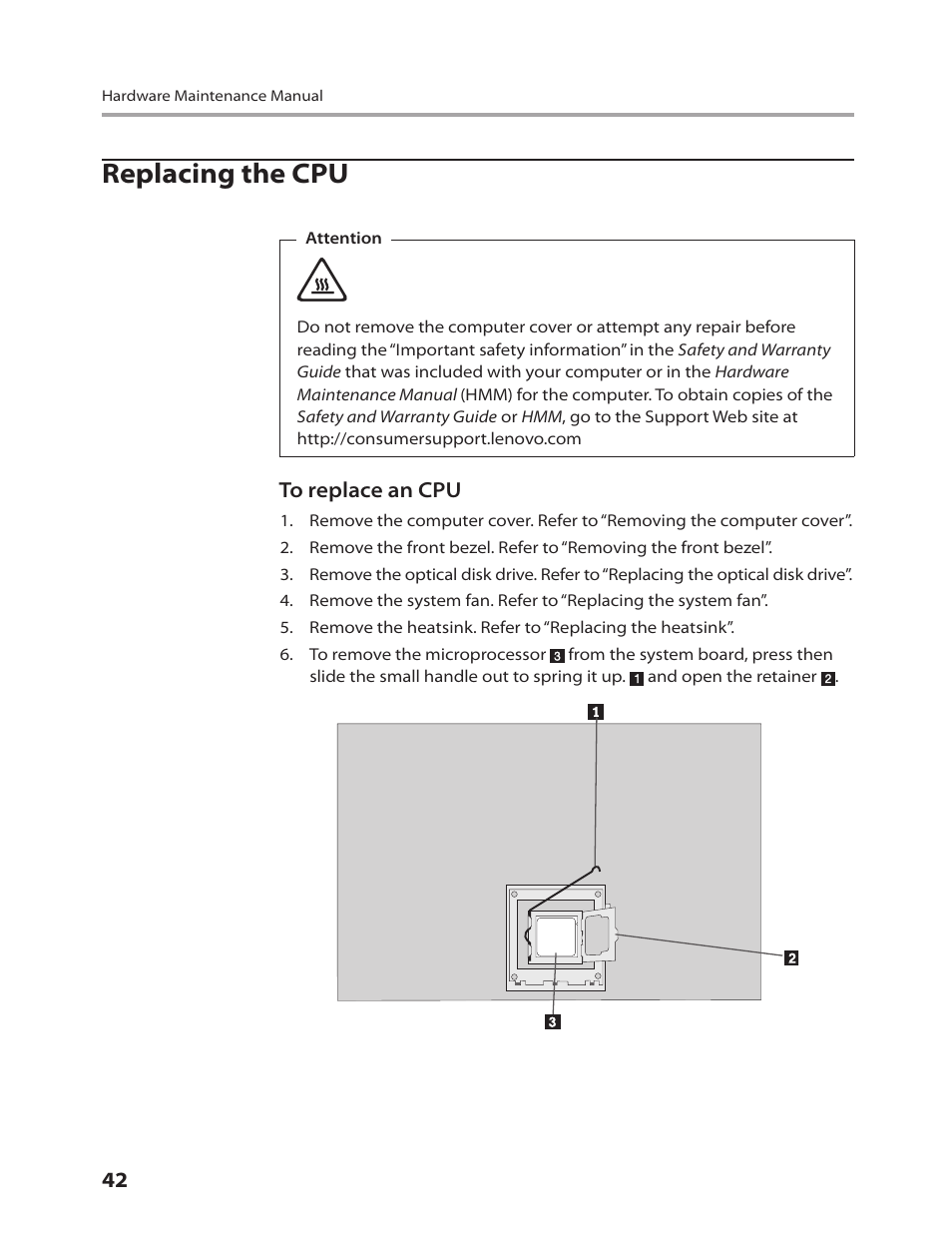 Replacing the cpu | Lenovo 3000 H305 Desktop User Manual | Page 44 / 56