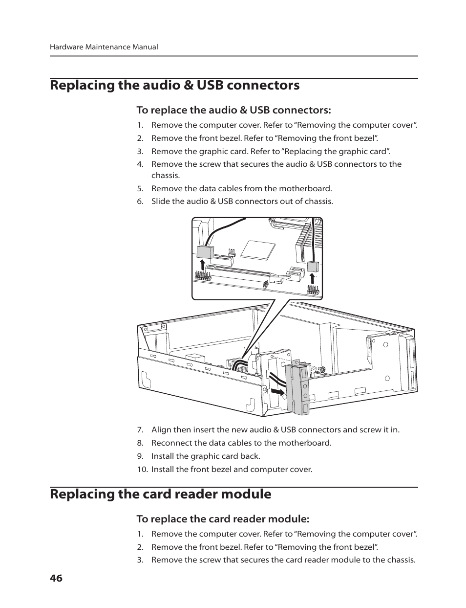 Replacing the audio & usb connectors, Replacing the card reader module | Lenovo 3000 H305 Desktop User Manual | Page 48 / 56