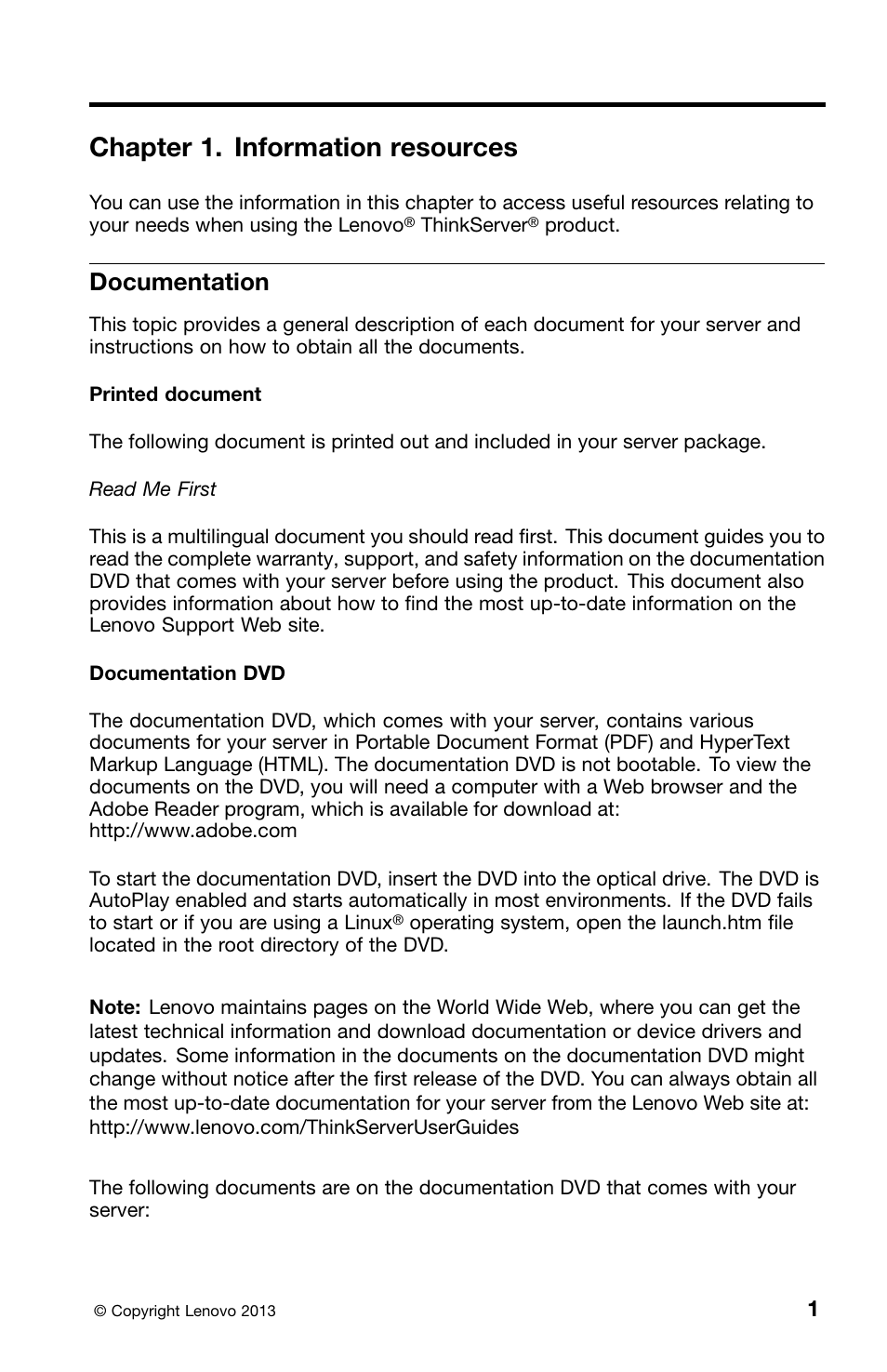 Chapter 1. information resources, Documentation | Lenovo ThinkServer TS140 User Manual | Page 17 / 46