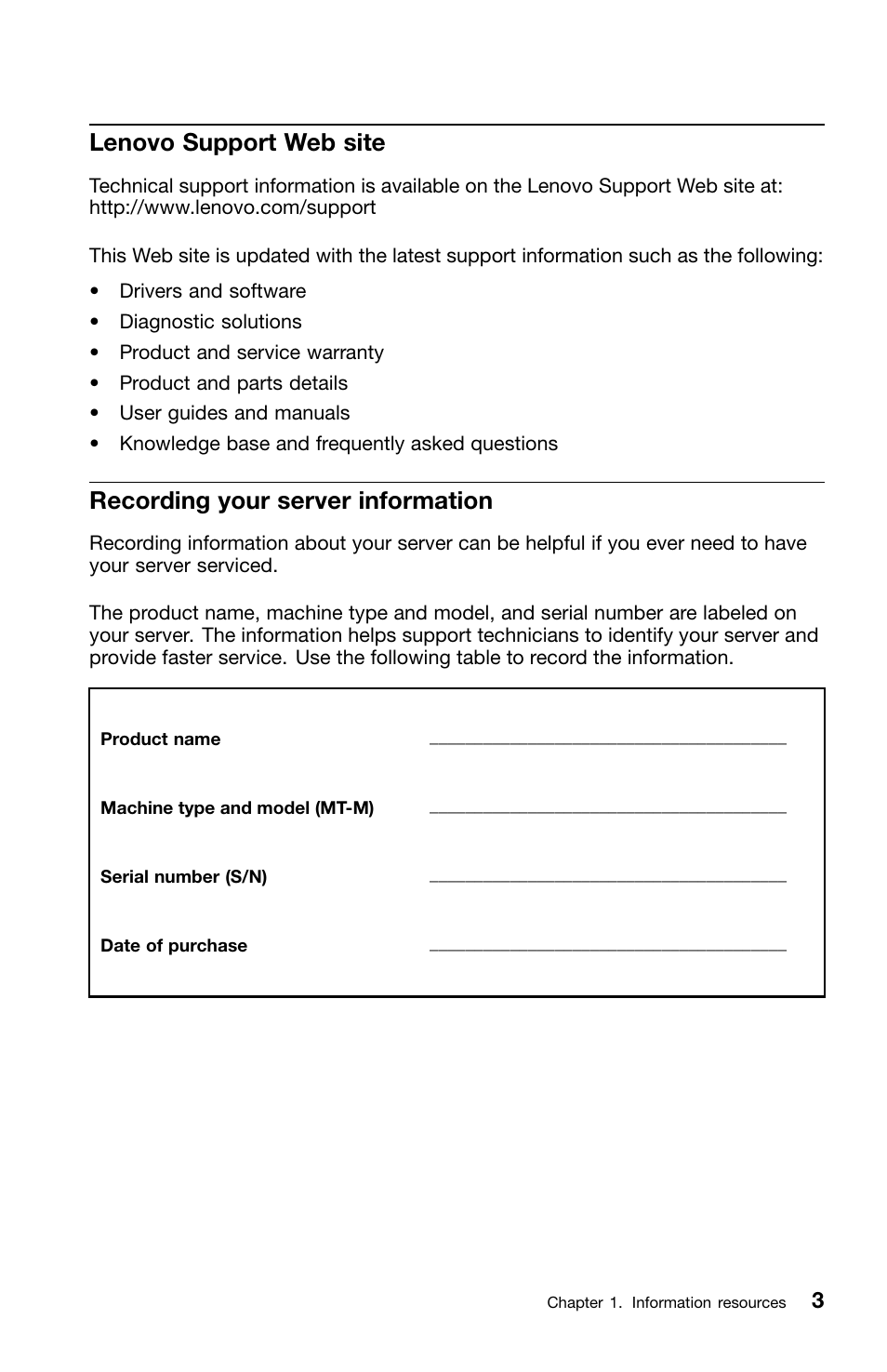Lenovo support web site, Recording your server information | Lenovo ThinkServer TS140 User Manual | Page 19 / 46