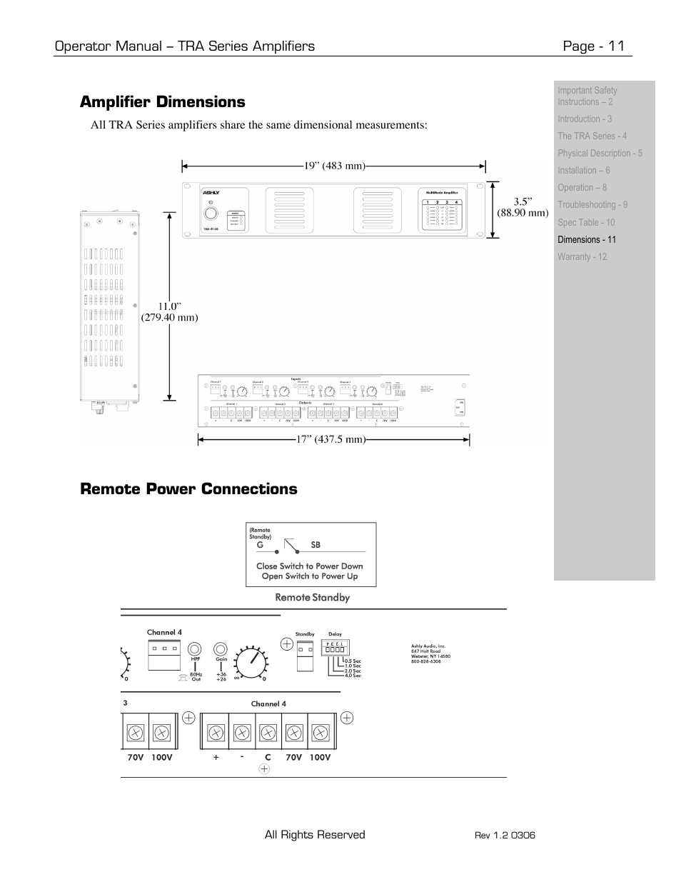 Amplifier dimensions, Remote power connections | Ashly TRA-4150 User Manual | Page 11 / 12