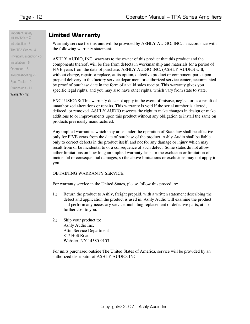 Limited warranty | Ashly TRA-4150 User Manual | Page 12 / 12