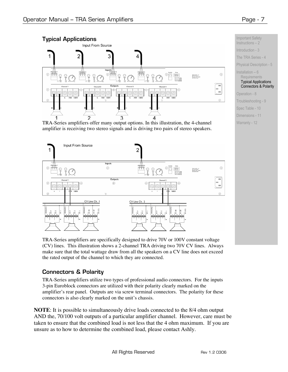 Operator manual – tra series amplifiers page - 7, Typical applications, Connectors & polarity | Ashly TRA-4150 User Manual | Page 7 / 12