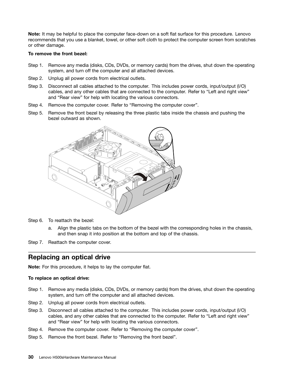 Replacing an optical drive | Lenovo H500s Desktop User Manual | Page 36 / 51