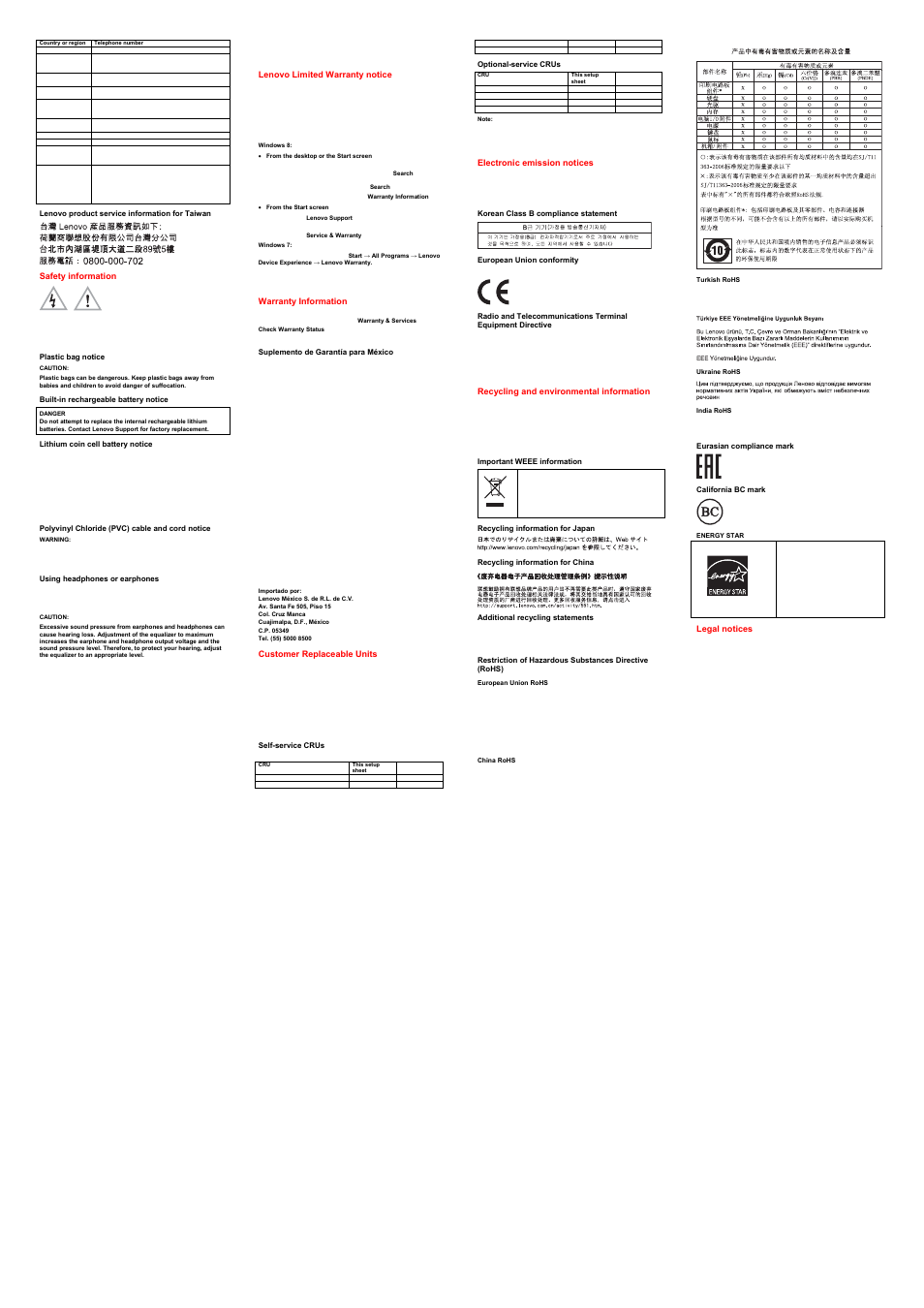 Lenovo product service information for taiwan, Safety information, Plastic bag notice | Built-in rechargeable battery notice, Lithium coin cell battery notice, Polyvinyl chloride (pvc) cable and cord notice, Using headphones or earphones, Lenovo limited warranty notice, Warranty information, Suplemento de garantía para méxico | Lenovo ThinkPad S531 User Manual | Page 2 / 2