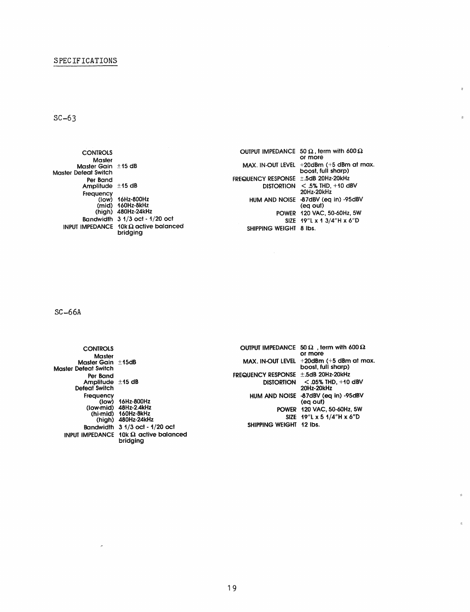 Sc=63, Specifications, Sc-66a | Ashly Parametric Equalizers SC-63 User Manual | Page 21 / 22