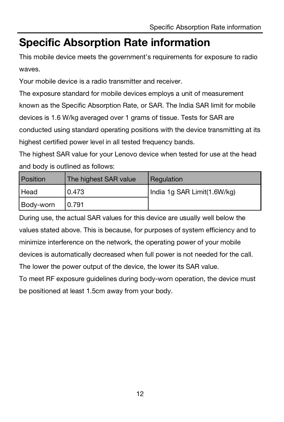 Specific absorption rate information | Lenovo A536 Smartphone User Manual | Page 14 / 16