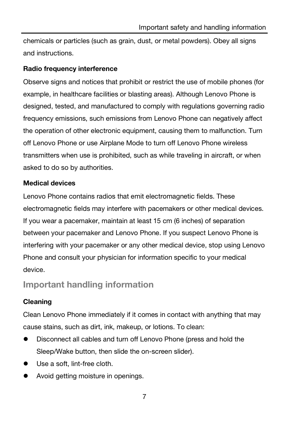 Important handling information | Lenovo A536 Smartphone User Manual | Page 9 / 16