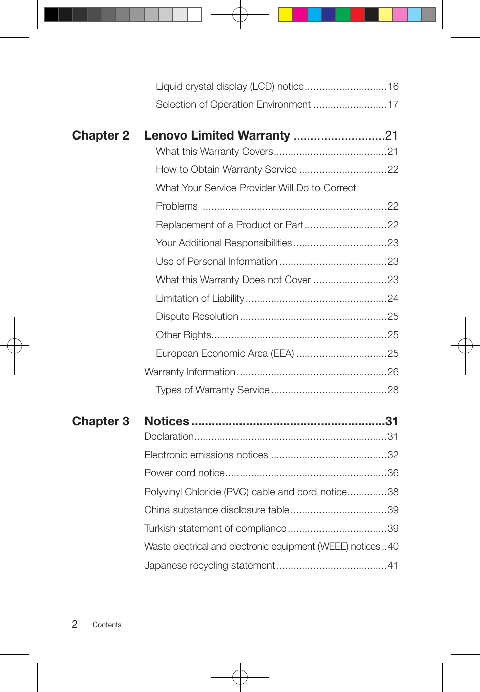 Chapter 2 lenovo limited warranty, Chapter 3 notices | Lenovo 3000 H310 Desktop User Manual | Page 5 / 47